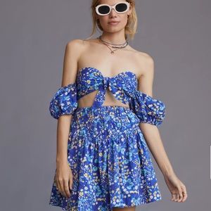 NWT Maeve Anthropologie Off Shoulder Blue Crop Top + Skirt Set Medium M